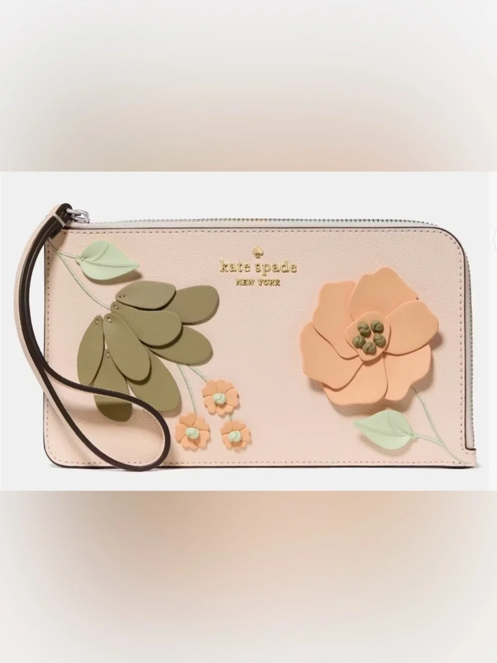 kate spade Pale Peach Floral Appliqué Wristlet with Green Accents NWT